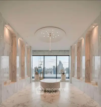 Luxurious marble bathroom with stunning city view and elegant lighting.