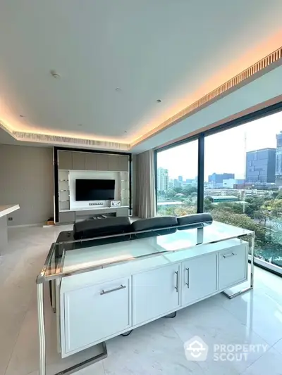 Luxurious modern living room with panoramic city view and sleek furniture