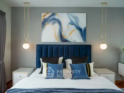 Luxurious bedroom with elegant decor and modern lighting