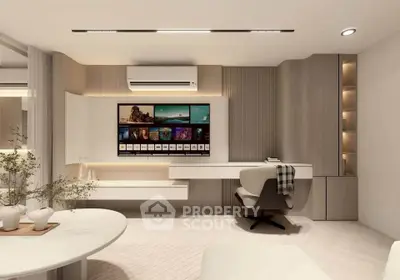 Modern living room with sleek furniture and wall-mounted TV, featuring elegant lighting and neutral tones.