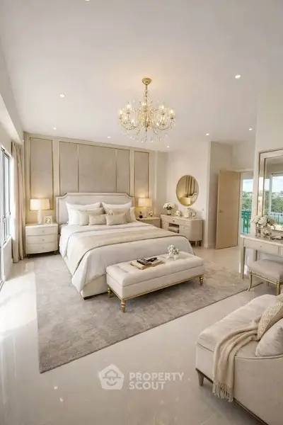 Luxurious bedroom with elegant chandelier and plush furnishings, offering a serene retreat.