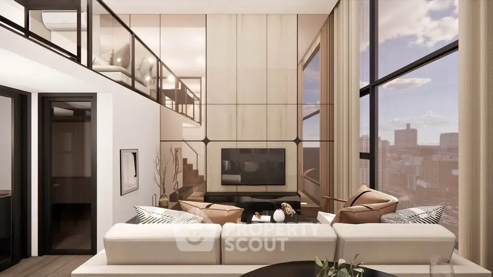 Luxurious modern living room with high ceilings and stunning city view