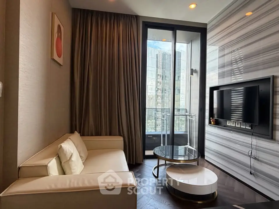 Luxurious modern living room with balcony and city view
