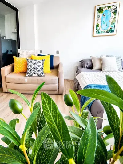 Stylish modern studio with cozy sofa and bed, vibrant decor, and lush plant accent.