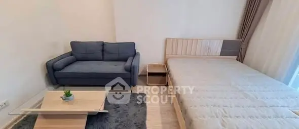 Modern studio apartment with cozy sofa and stylish bed setup.