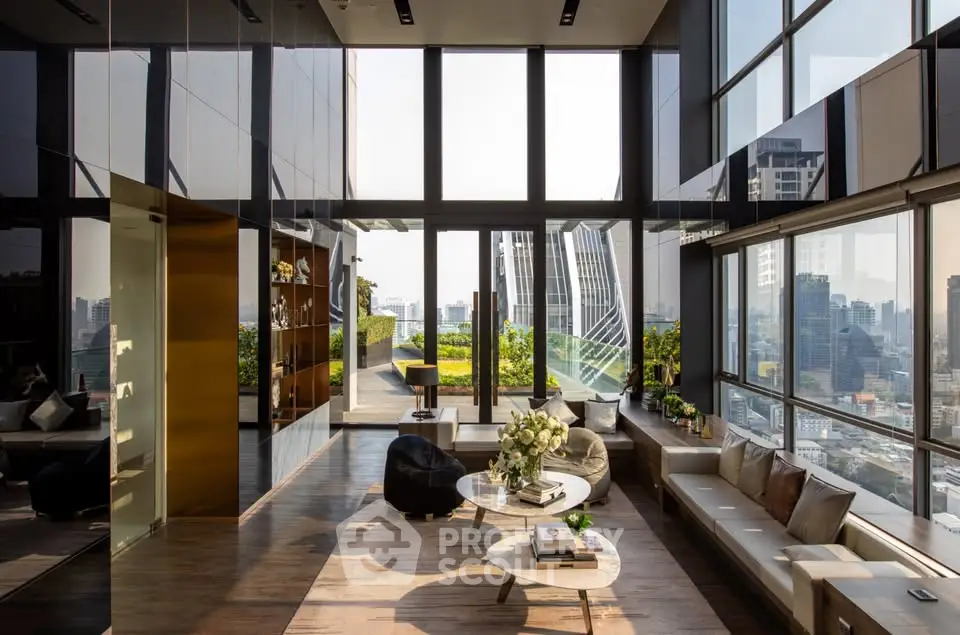 Luxurious modern living room with panoramic city views and elegant decor