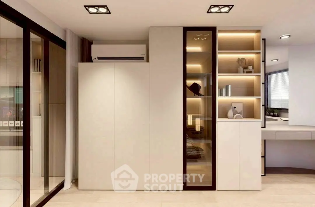 Modern study room with sleek built-in storage and ambient lighting