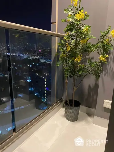 Stylish balcony with stunning night city view and decorative plant