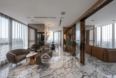 Luxurious modern living room with marble floors and panoramic city views