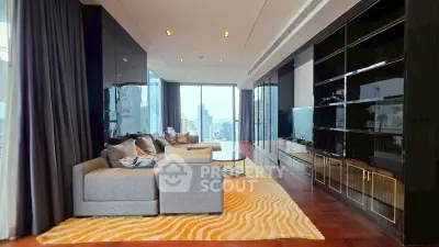 Luxurious modern living room with panoramic city views and elegant furnishings.