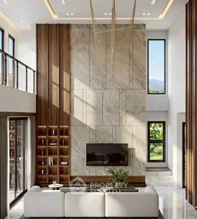 Luxurious modern living room with high ceilings, elegant chandelier, and large windows offering natural light.