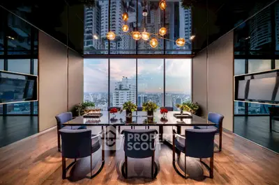 Luxurious modern dining room with stunning city view and elegant lighting