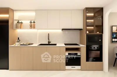Modern kitchen with sleek cabinetry, built-in appliances, and ambient lighting for a stylish cooking space.