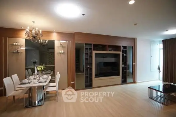 Spacious modern living room with elegant dining area and stylish decor