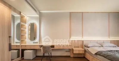 Modern bedroom with stylish wooden furniture and elegant lighting