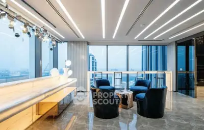 Luxurious modern living room with panoramic city views and elegant lighting