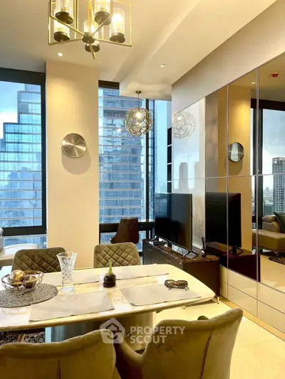Luxurious modern living room with elegant dining area and stunning city view