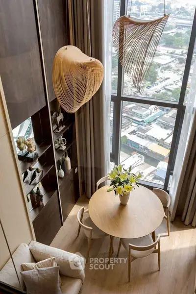 Stunning modern living room with high ceiling and panoramic city view.