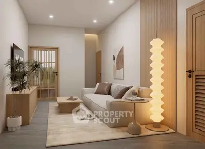 Modern living room with stylish decor and ambient lighting