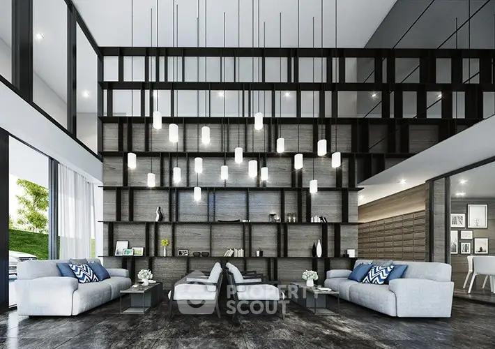 Luxurious modern living room with high ceilings and elegant lighting