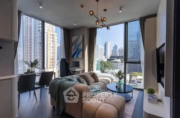 Luxurious modern living room with stunning city view and elegant decor