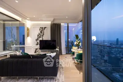 Luxurious modern living room with panoramic city view and elegant decor