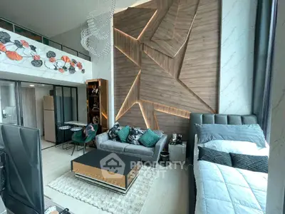 Luxurious modern living room with stylish decor and open layout in high-rise apartment.