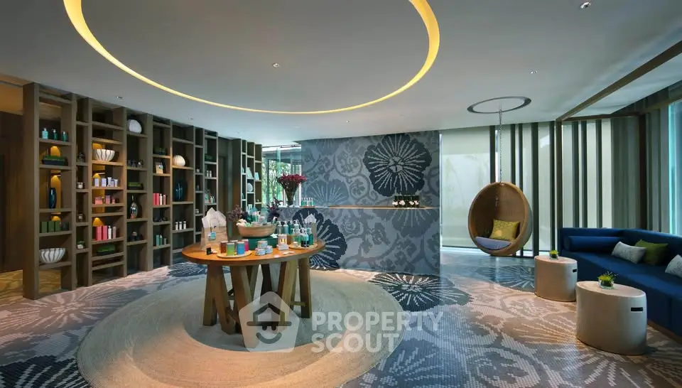 Luxurious spa-like living room with modern decor and elegant lighting