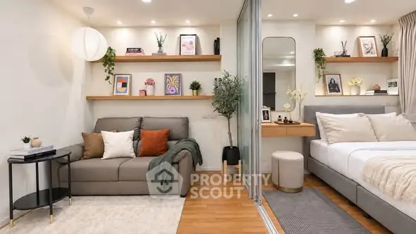 Modern studio apartment with cozy living area and stylish bedroom