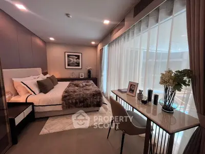 Luxurious bedroom with elegant decor and large window view