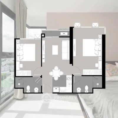 Modern apartment floor plan overlay on a stylish bedroom with large windows and city view.