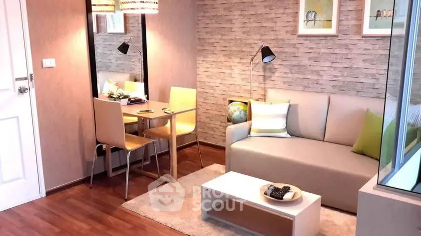Cozy living room with modern decor and dining area, perfect for urban living.