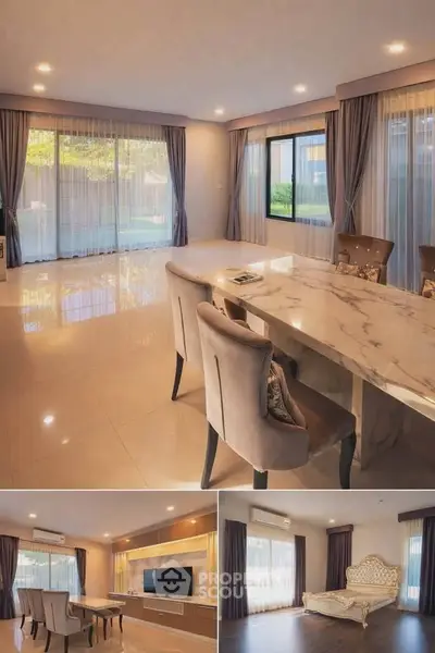 Luxurious living room with elegant marble dining table and large windows offering garden views.