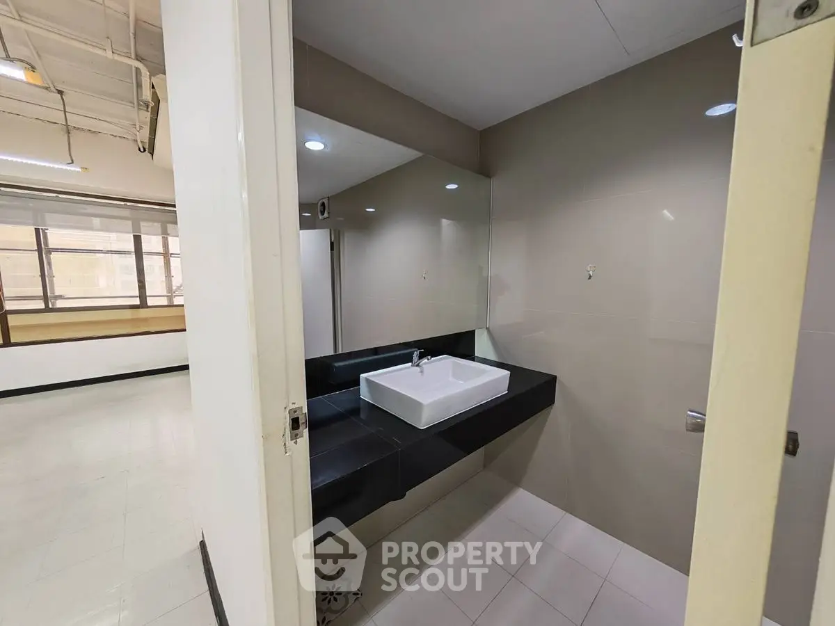 Modern bathroom with sleek sink and large mirror in spacious apartment.