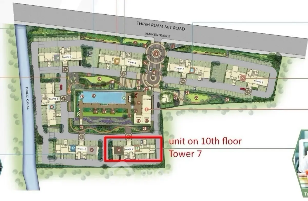 Detailed schematic plan of residential complex with highlighted unit on 10th floor, Tower 7.