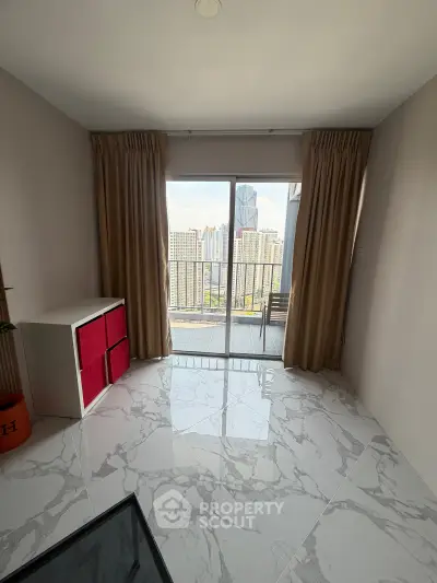 Modern apartment with marble flooring and city view balcony, offering a bright and spacious living area.