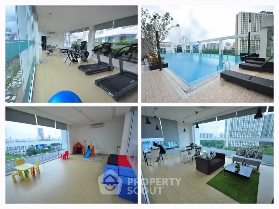 Modern apartment amenities with gym, pool, kids' play area, and lounge offering city views.