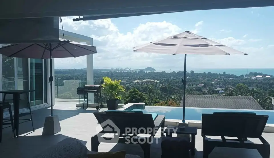 Luxurious terrace with stunning ocean view, infinity pool, and stylish lounge chairs under umbrellas.