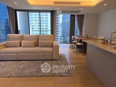 Luxurious modern living room with city view and open kitchen layout