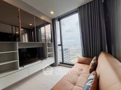 Modern living room with large window offering stunning city view, featuring sleek furniture and contemporary design.