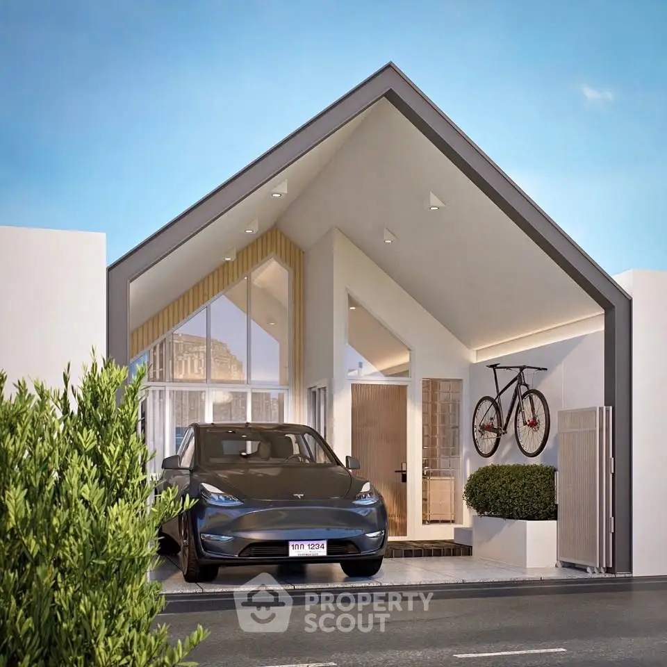 Modern minimalist house exterior with sleek car and bicycle, showcasing unique architectural design.