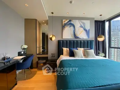 Luxurious modern bedroom with elegant decor and city view, featuring stylish furnishings and artwork.