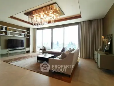 Luxurious living room with modern chandelier and panoramic city view, featuring elegant furniture and decor.