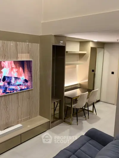 Modern living room with cozy fireplace and elegant dining area