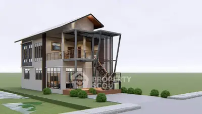 Modern two-story house with unique architectural design and spacious balcony.