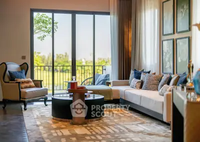 Luxurious living room with elegant decor and large windows overlooking greenery.