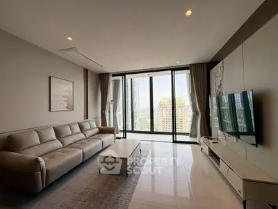 Spacious modern living room with panoramic city view and elegant furnishings.