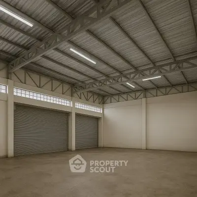 Spacious industrial warehouse with high ceilings and large roller doors, ideal for storage or commercial use.
