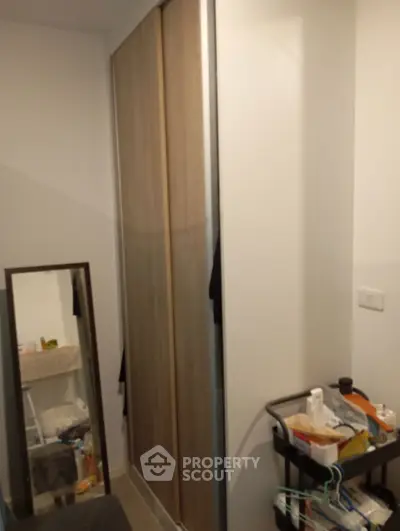 Compact storage area with sliding door wardrobe and mirror in modern apartment.
