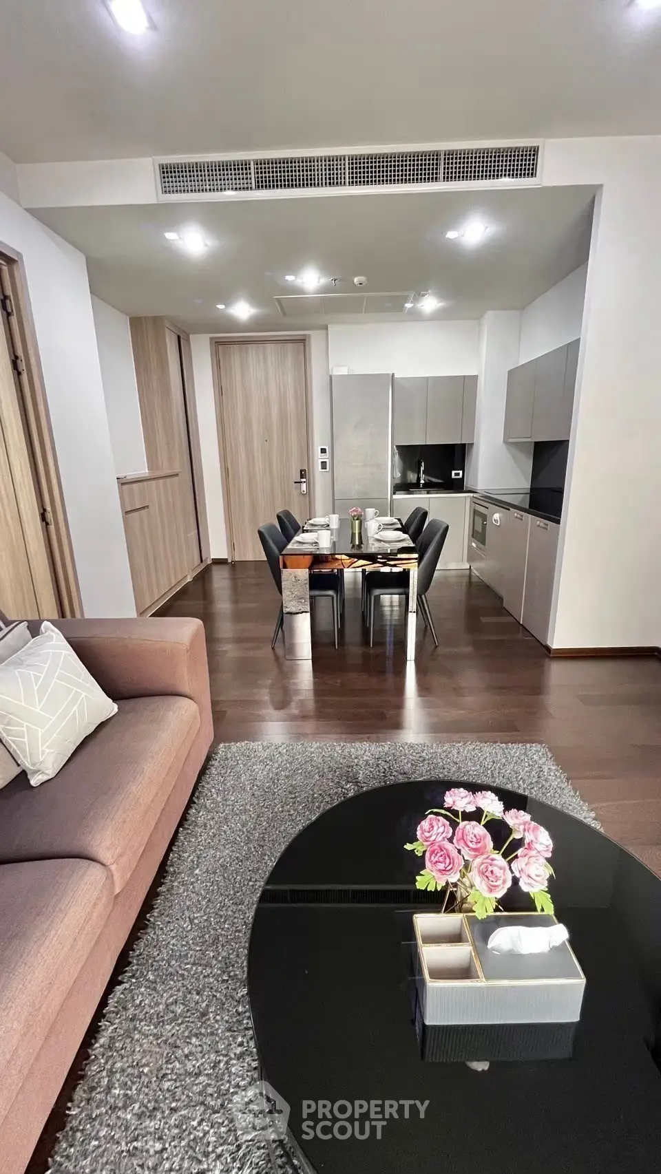 Modern open-plan living room with sleek kitchen and dining area, featuring stylish decor and cozy ambiance.